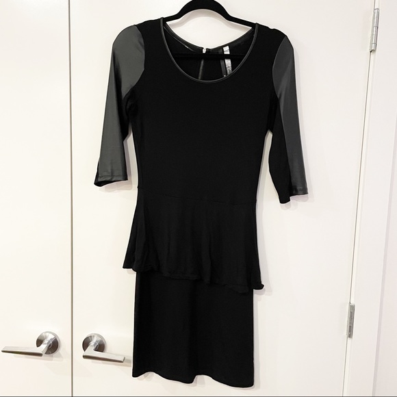 Kensie Black Bodycon Peplum Dress with Faux Leather Sleeves Size Small - Picture 2 of 8
